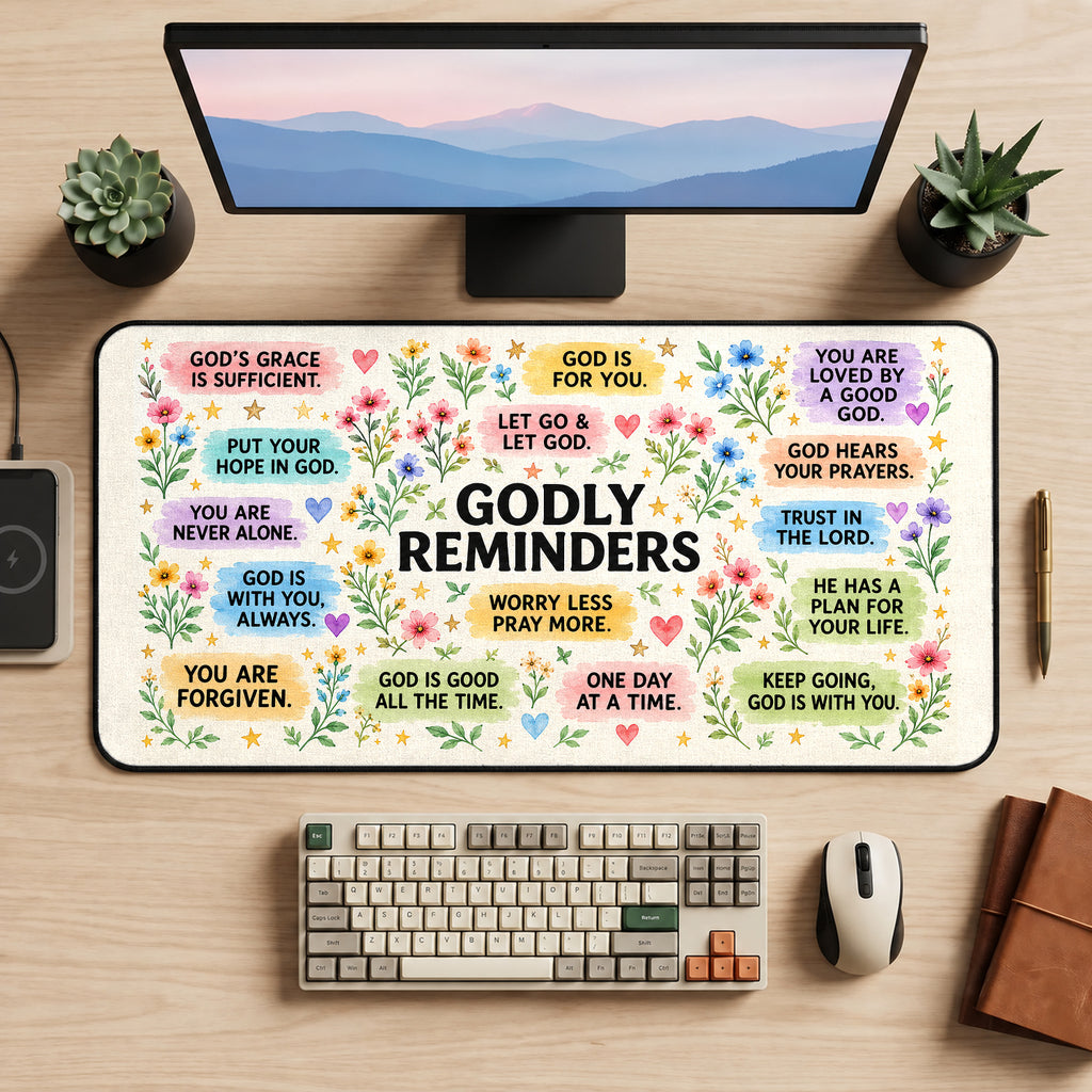 Floral Godly Reminders Collage desk mat — product mockup 2