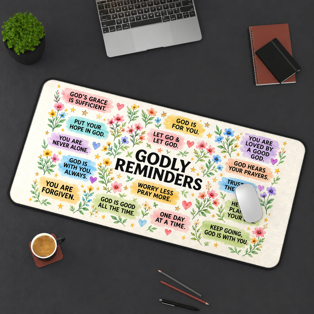 Floral Godly Reminders Collage desk mat — product mockup 3