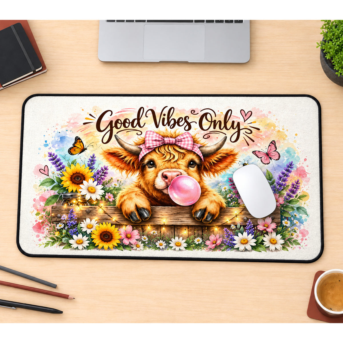 Highland Cow with Bubblegum desk mat — product mockup 1