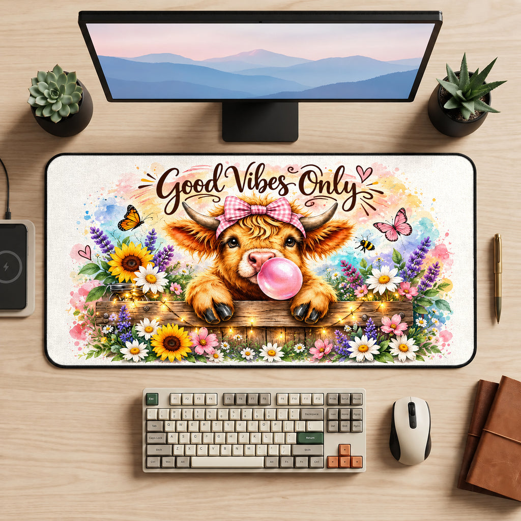 Highland Cow with Bubblegum desk mat — product mockup 2