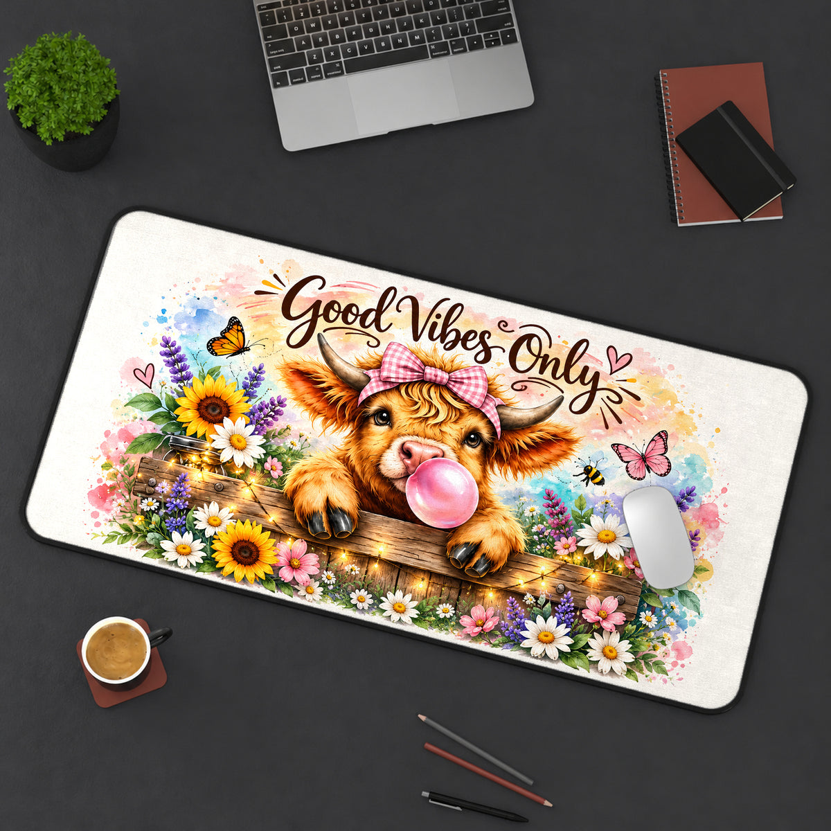 Highland Cow with Bubblegum desk mat — product mockup 3