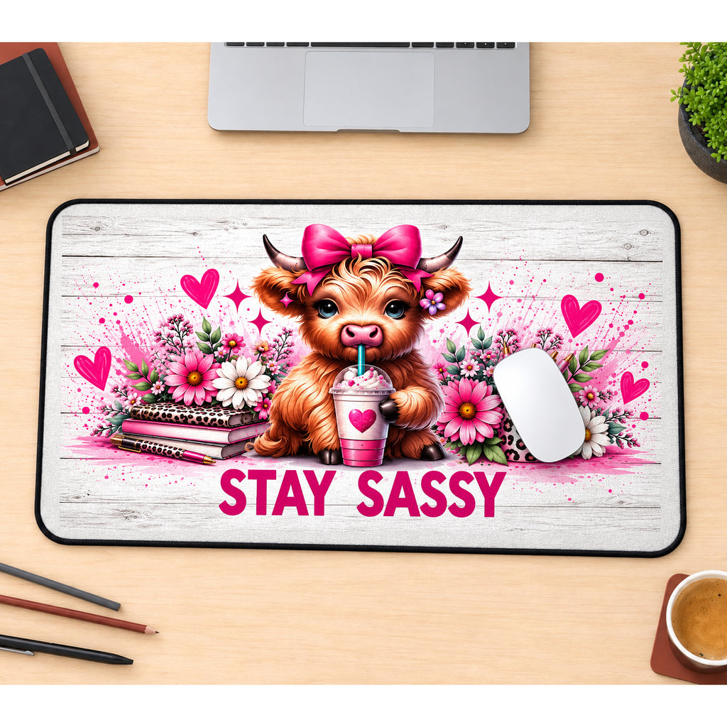 Stay Sassy Highland Cow desk mat — product mockup 1