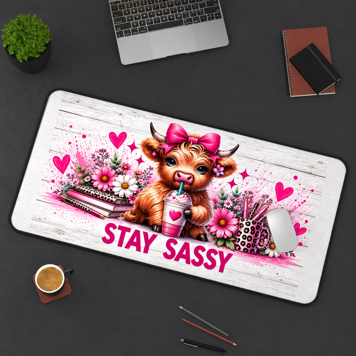 Stay Sassy Highland Cow desk mat — product mockup 3