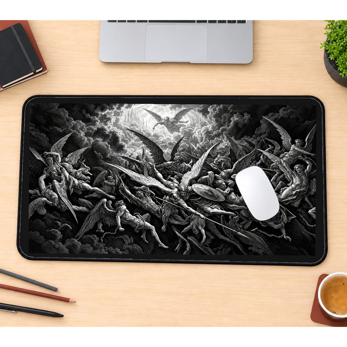 Falling Angels in Engraved Clouds desk mat — product mockup 1