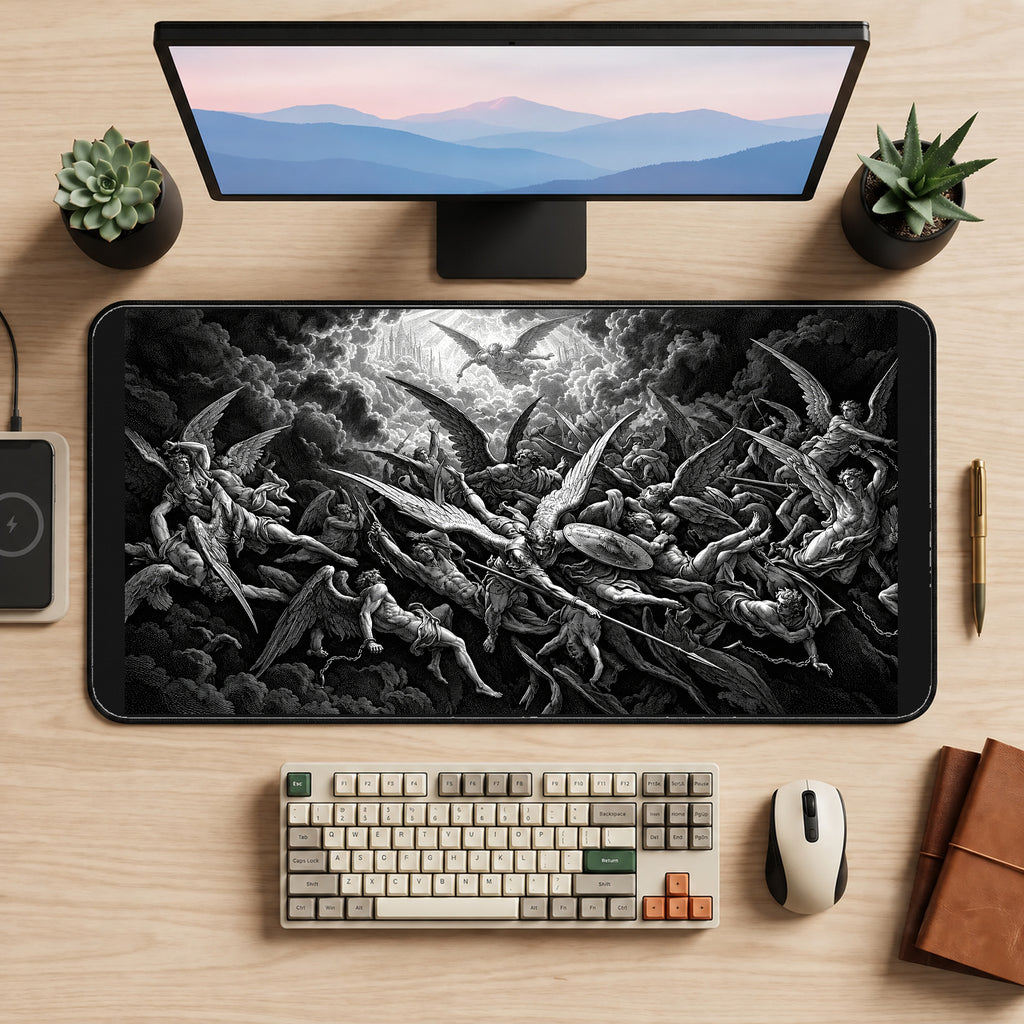Falling Angels in Engraved Clouds desk mat — product mockup 2