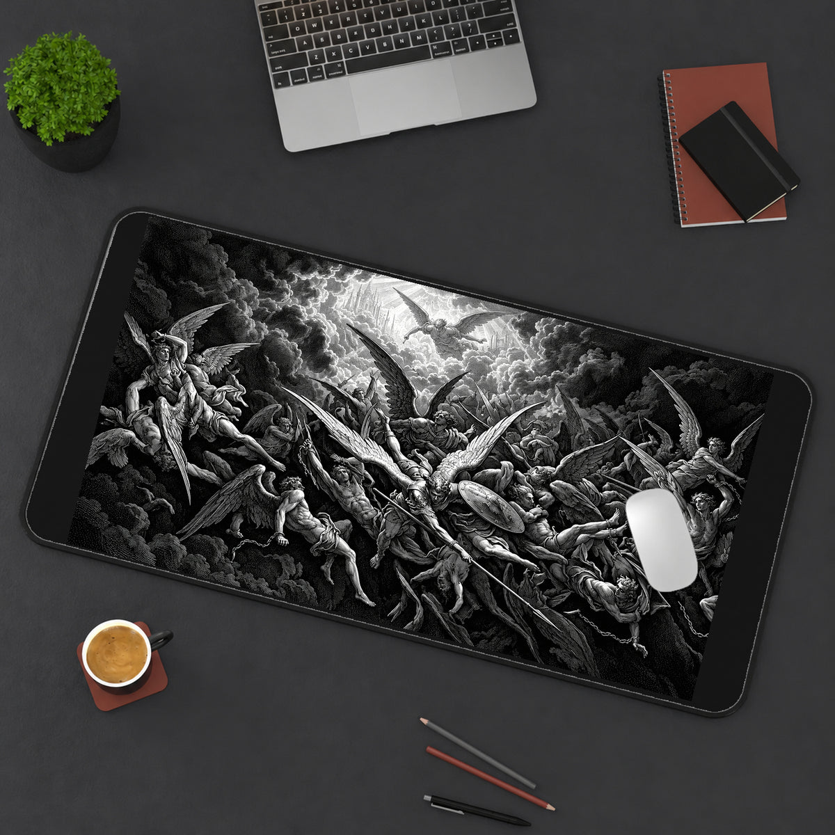 Falling Angels in Engraved Clouds desk mat — product mockup 3