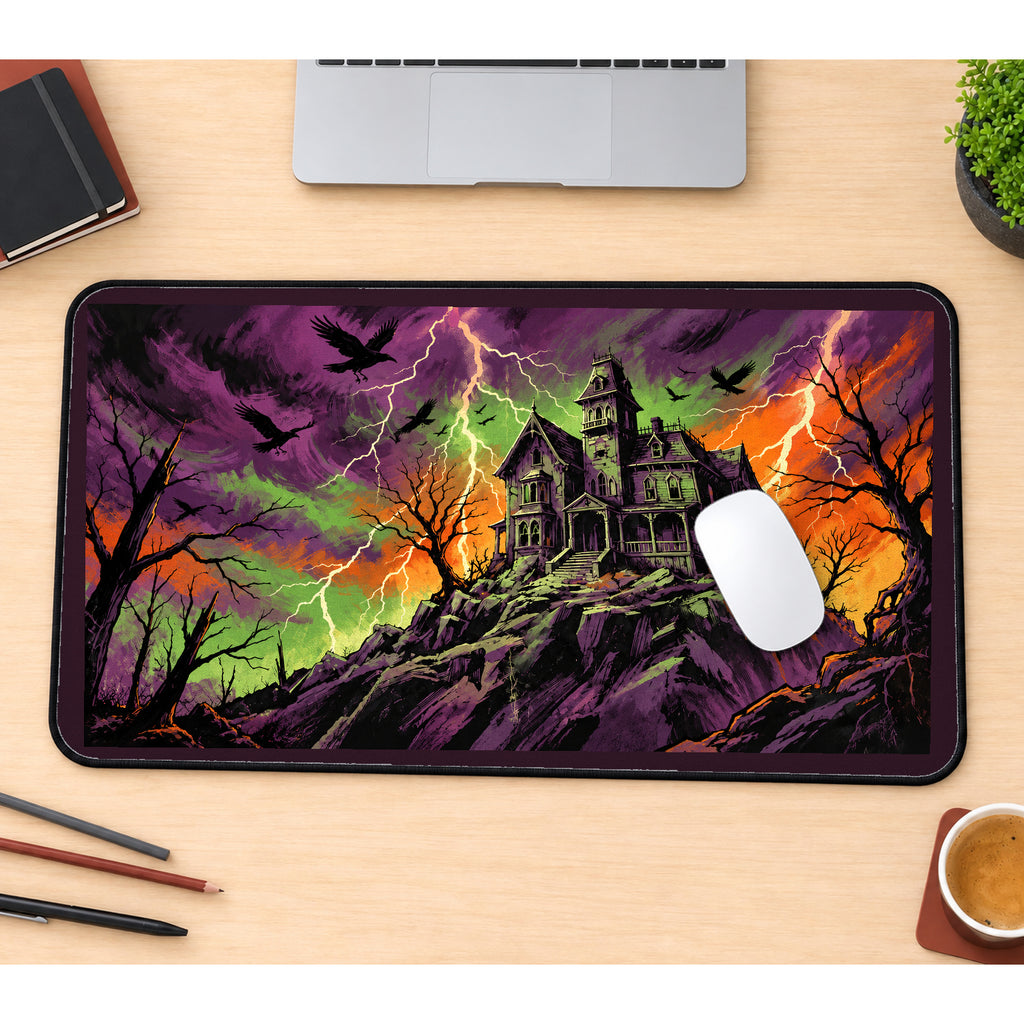Haunted House in a Lightning Storm desk mat — product mockup 1
