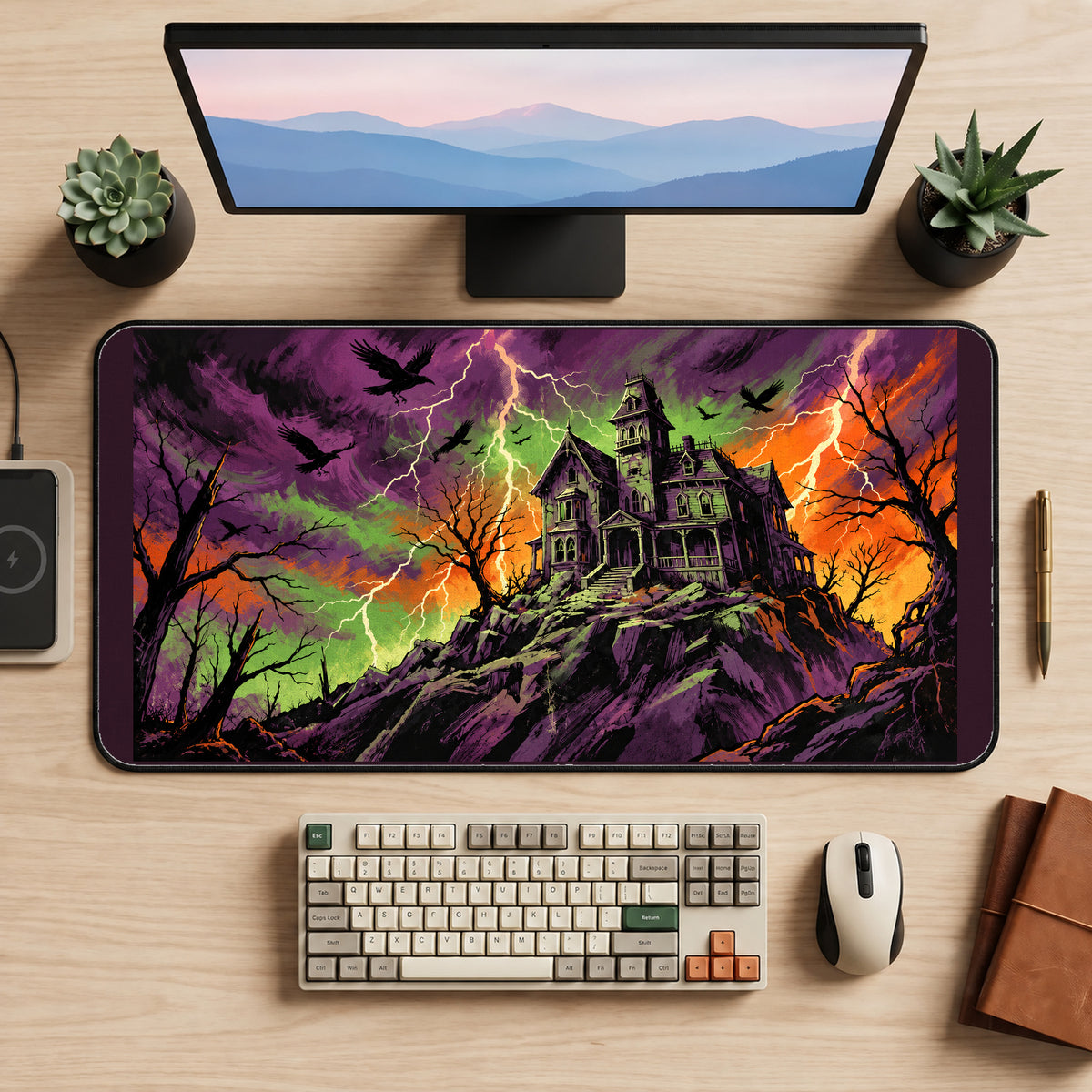 Haunted House in a Lightning Storm desk mat — product mockup 2