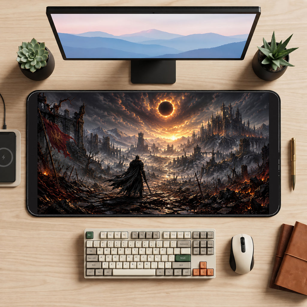 Cloaked Figure beneath a Dark Eclipse desk mat — product mockup 2