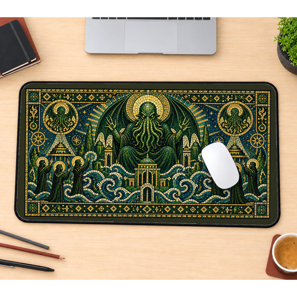 Tentacled Entity in Green Mosaic desk mat — product mockup 1
