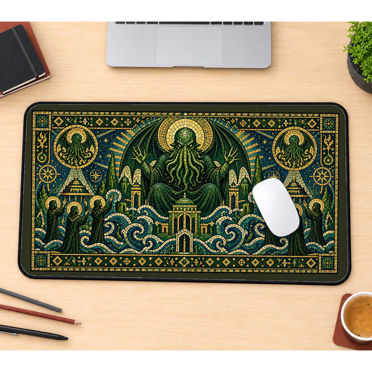 Tentacled Entity in Green Mosaic desk mat — product mockup 1