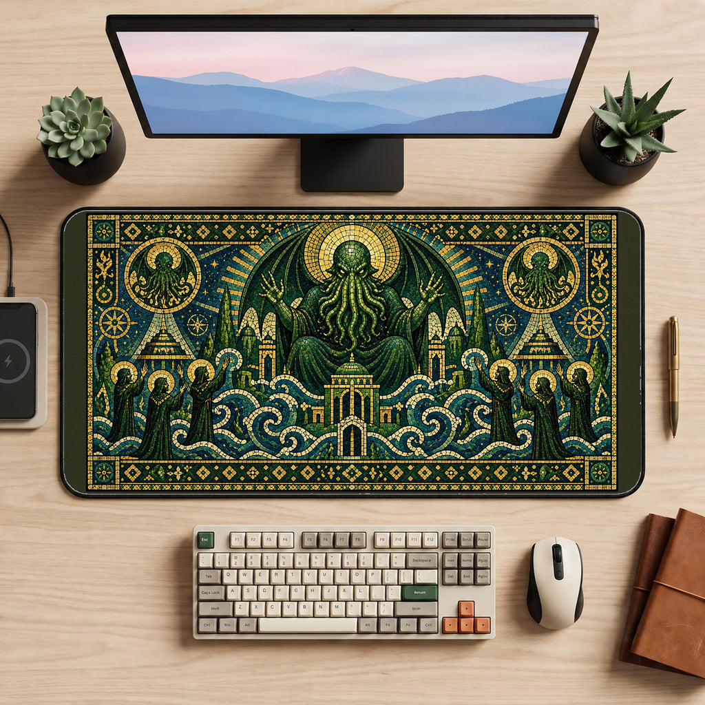 Tentacled Entity in Green Mosaic desk mat — product mockup 2