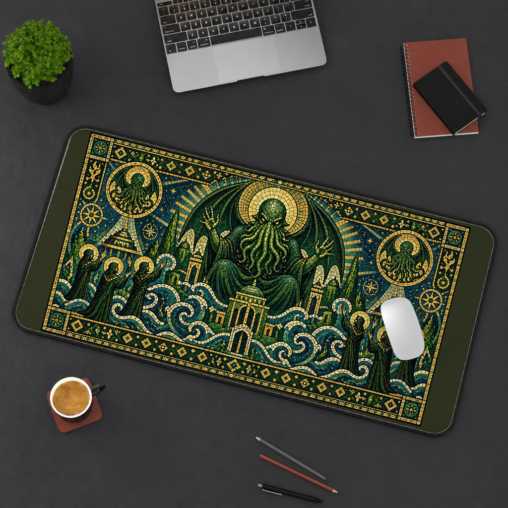 Tentacled Entity in Green Mosaic desk mat — product mockup 3