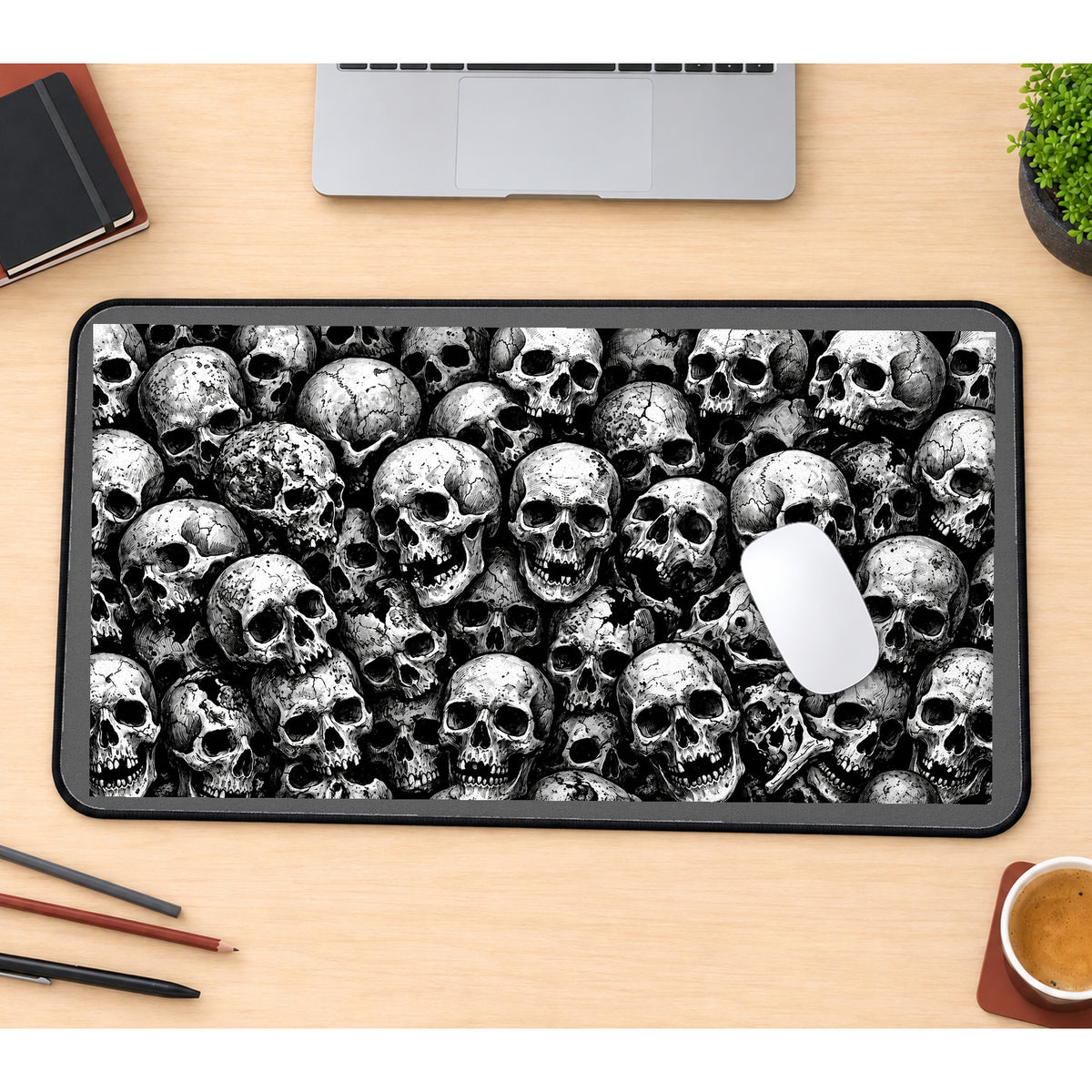 Black and White Skull Pile desk mat — product mockup 1