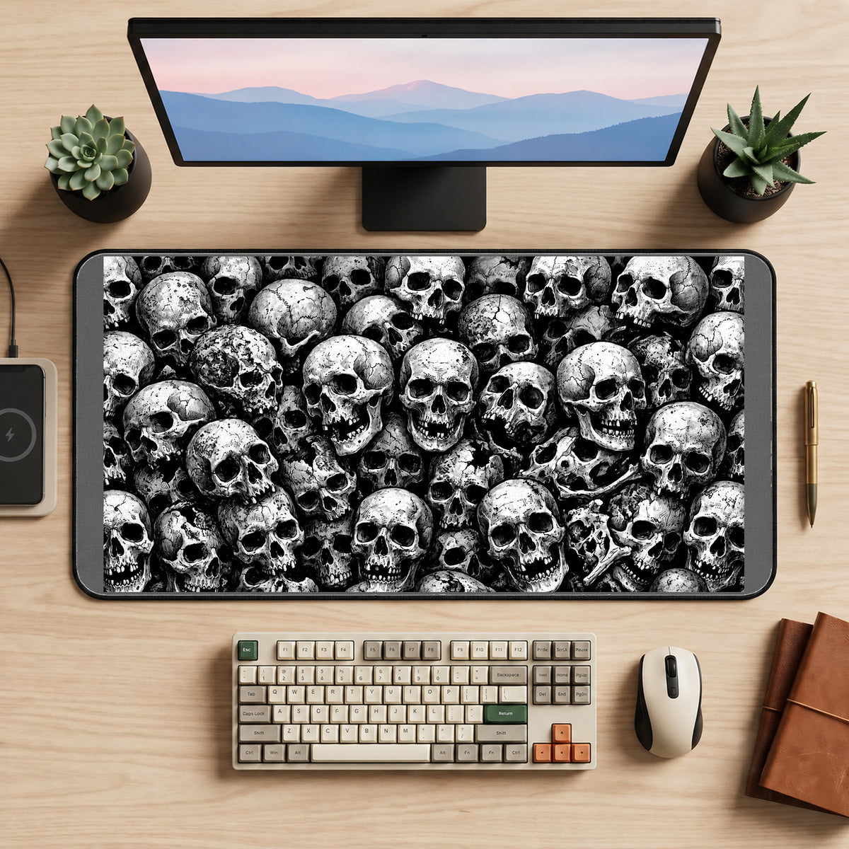 Black and White Skull Pile desk mat — product mockup 2