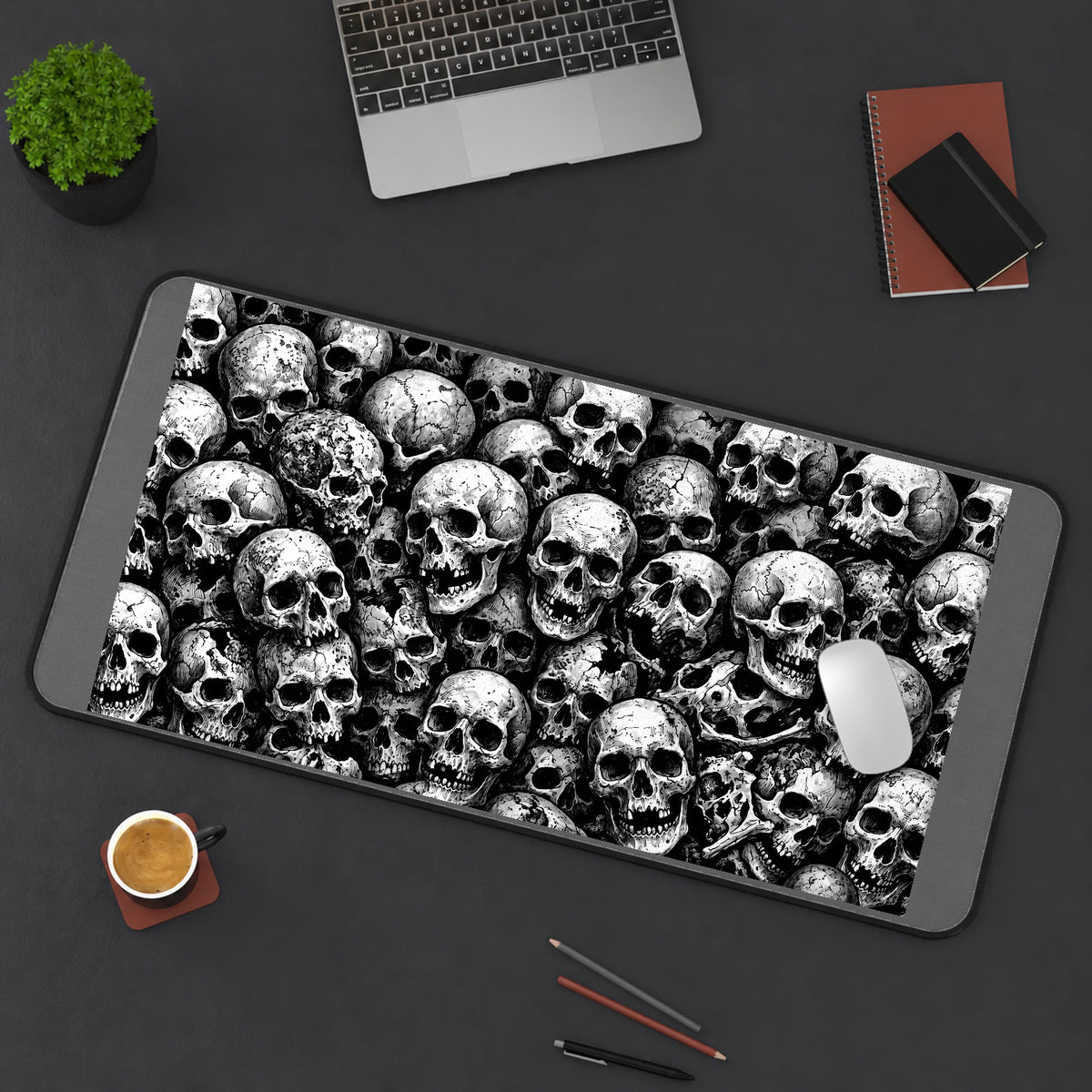 Black and White Skull Pile desk mat — product mockup 3