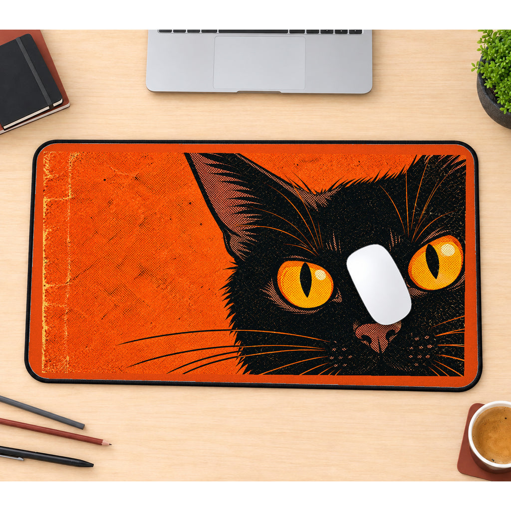 Black Cat with Orange Eyes desk mat — product mockup 1