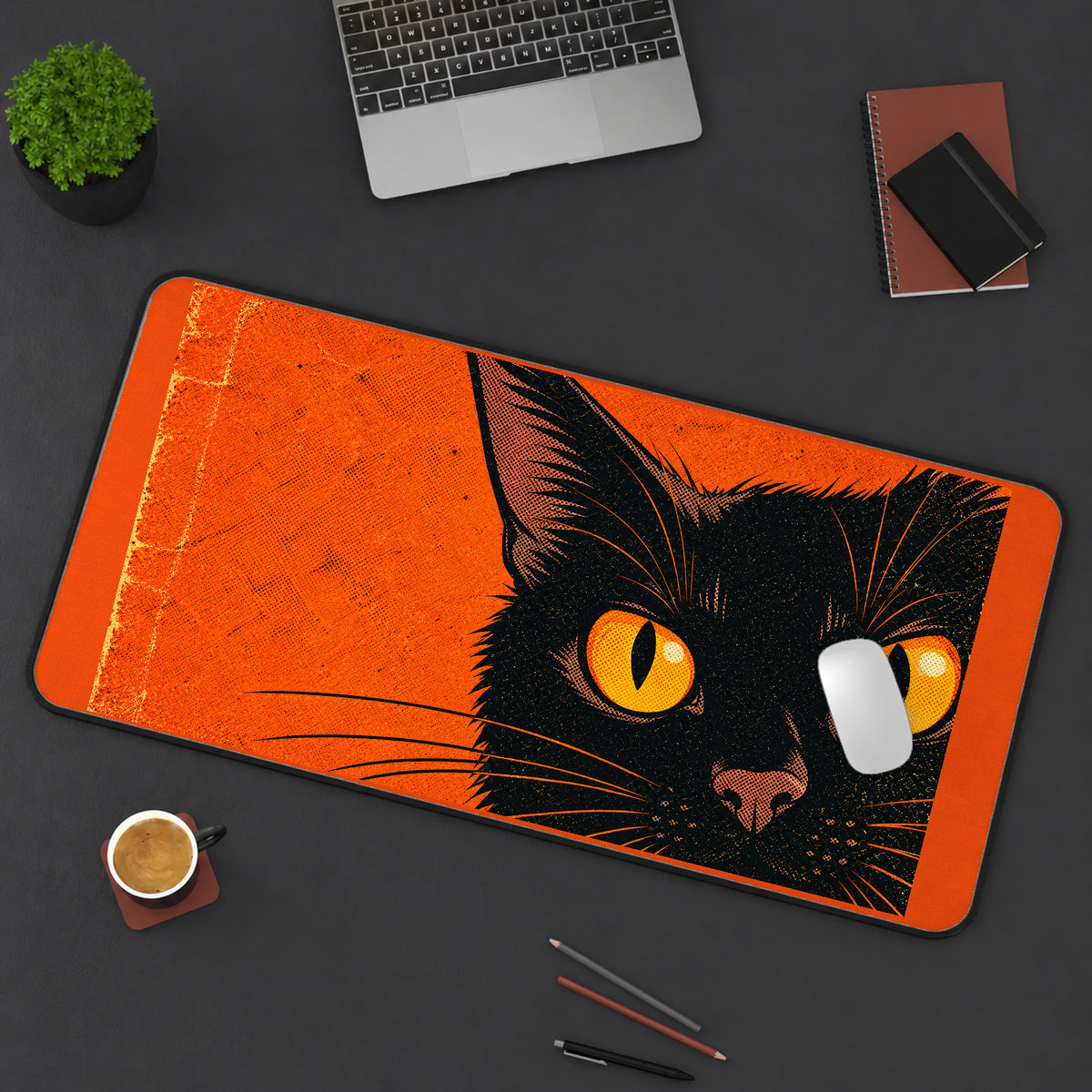 Black Cat with Orange Eyes desk mat — product mockup 3