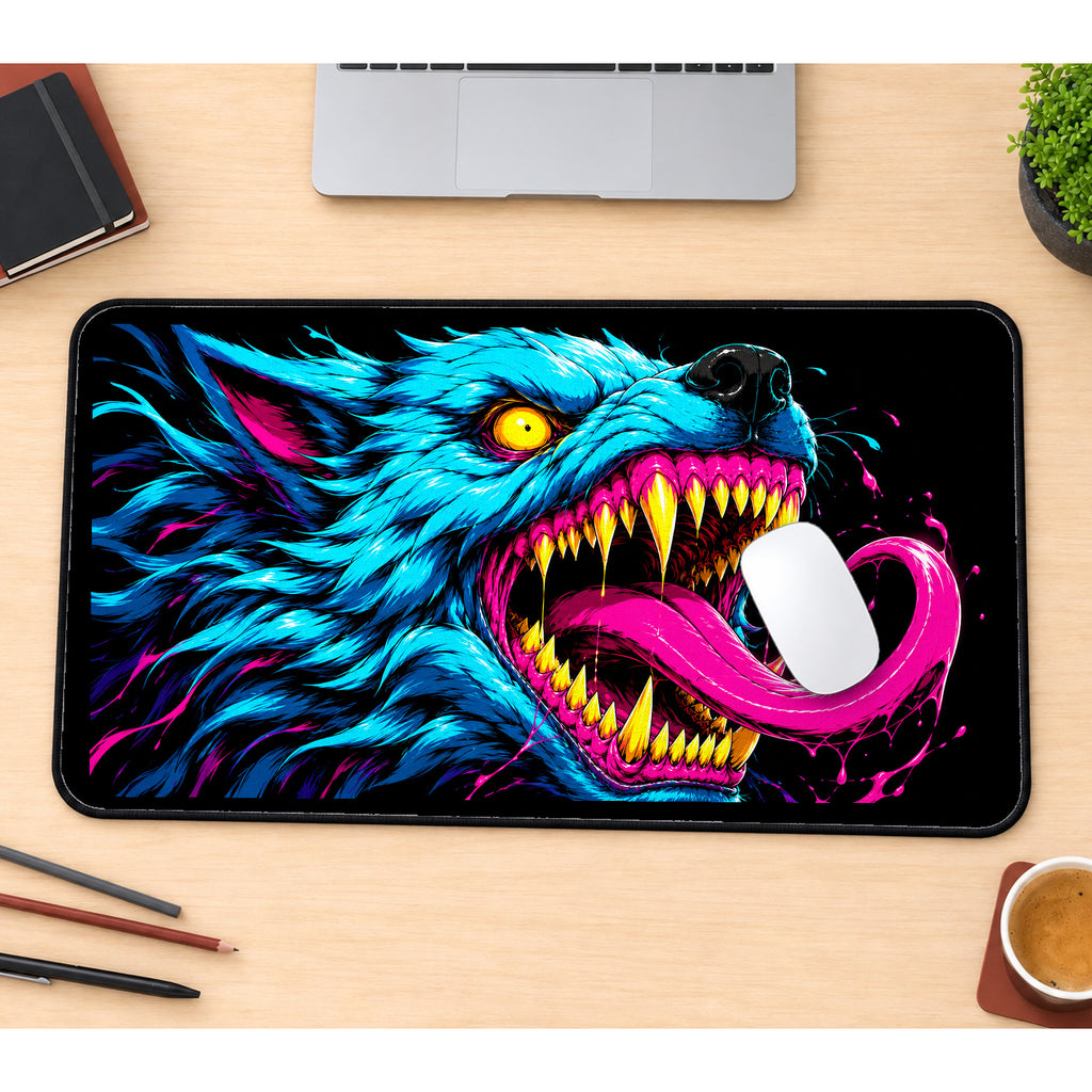 Neon Blue Wolf with Fangs desk mat — product mockup 1