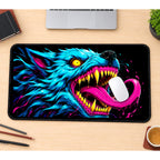 Neon Blue Wolf with Fangs desk mat — product mockup 1