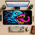 Neon Blue Wolf with Fangs desk mat — product mockup 2