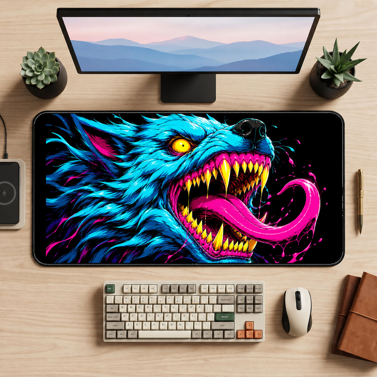 Neon Blue Wolf with Fangs desk mat — product mockup 2
