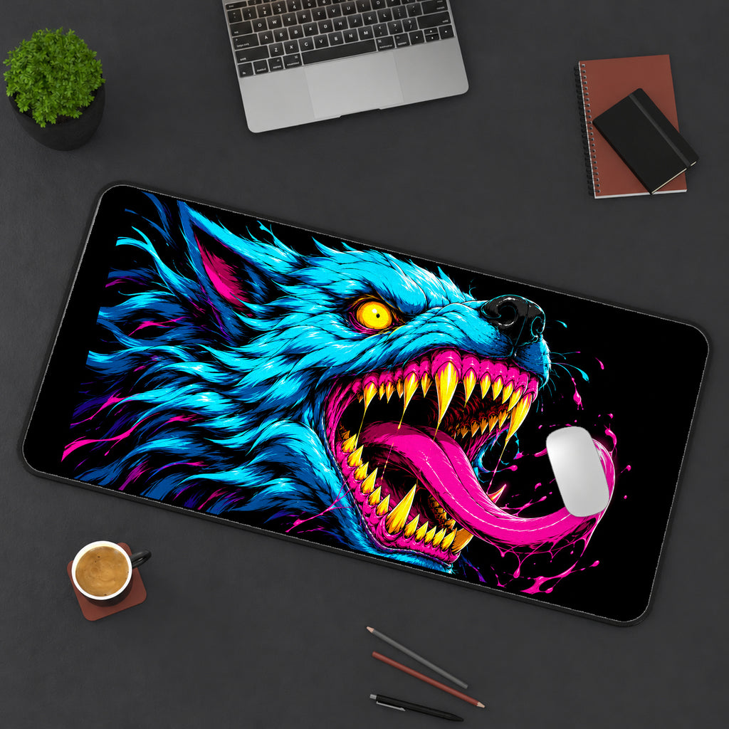 Neon Blue Wolf with Fangs desk mat — product mockup 3