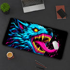 Neon Blue Wolf with Fangs desk mat — product mockup 3