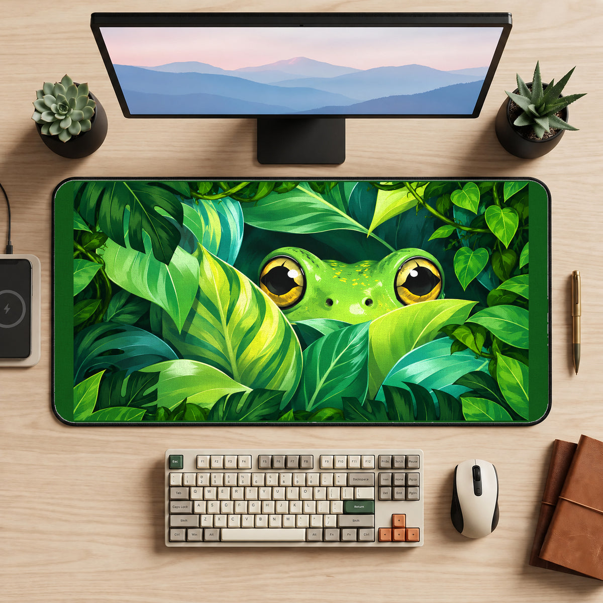 Wide Eyed Frog in Jungle Leaves desk mat — product mockup 2