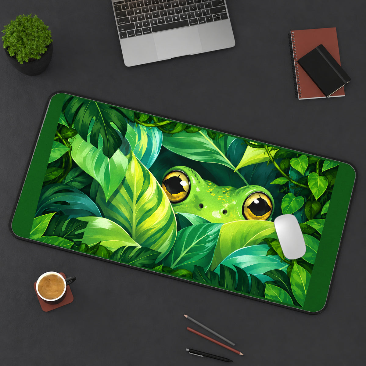 Wide Eyed Frog in Jungle Leaves desk mat — product mockup 3