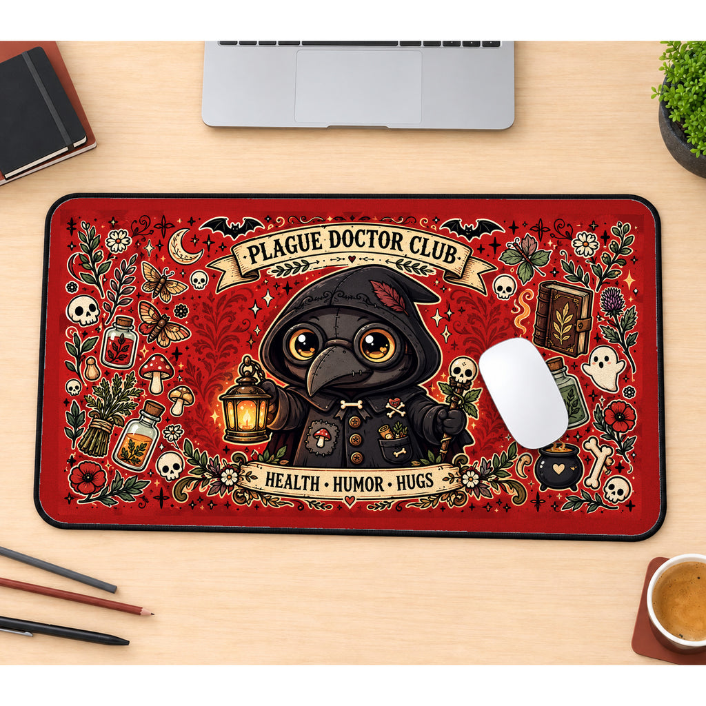 Plague Doctor Club Collage desk mat — product mockup 1