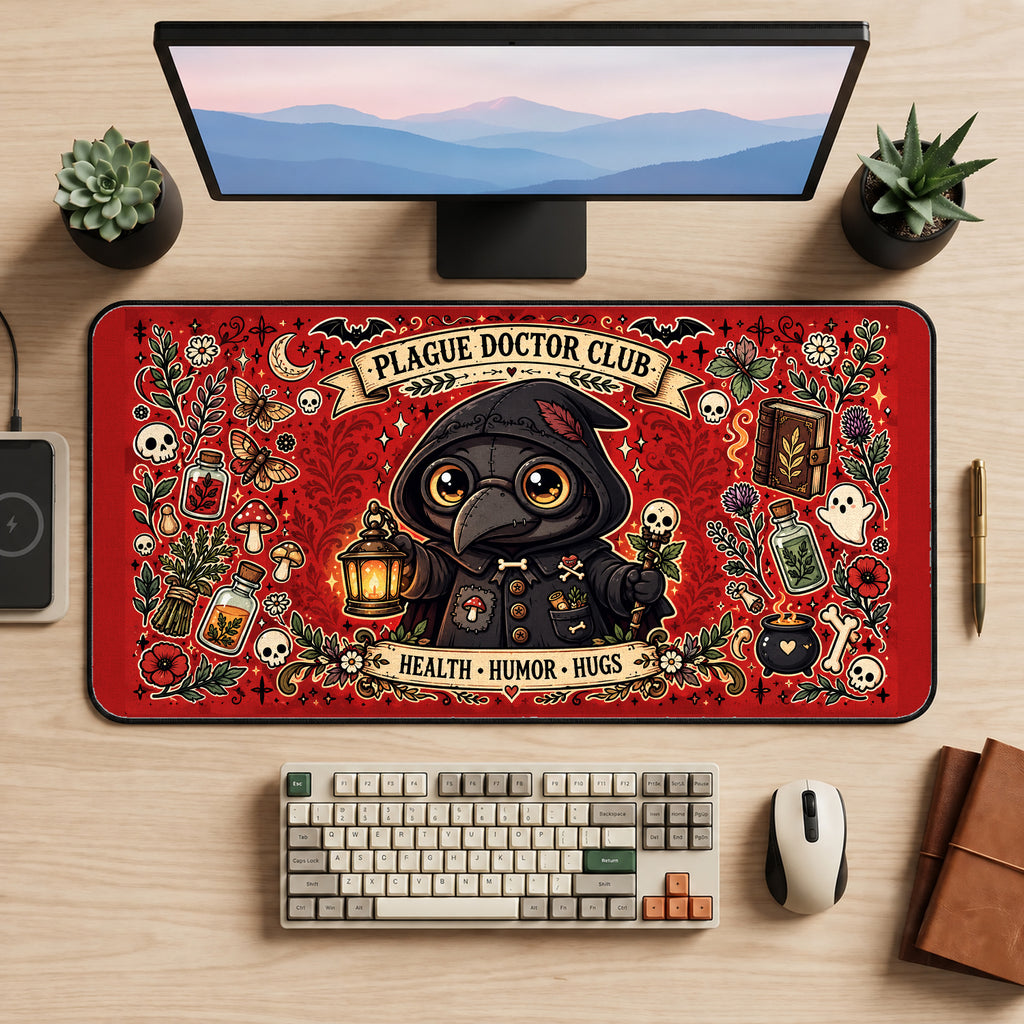 Plague Doctor Club Collage desk mat — product mockup 2