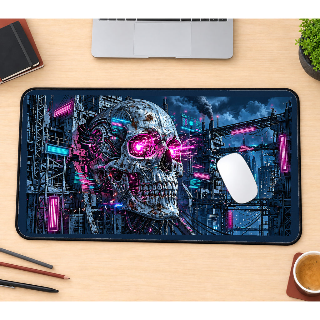Mechanical Skull in a Neon City desk mat — product mockup 1