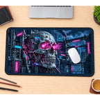 Mechanical Skull in a Neon City desk mat — product mockup 1