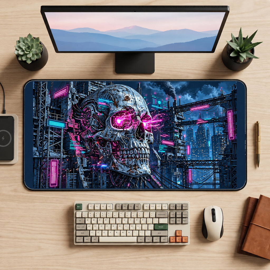 Mechanical Skull in a Neon City desk mat — product mockup 2