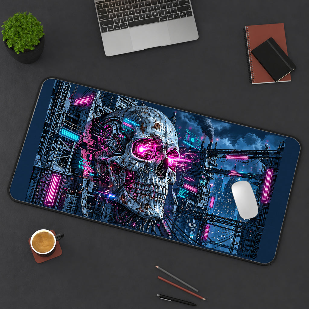 Mechanical Skull in a Neon City desk mat — product mockup 3