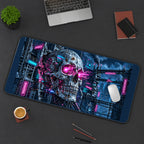 Mechanical Skull in a Neon City desk mat — product mockup 3