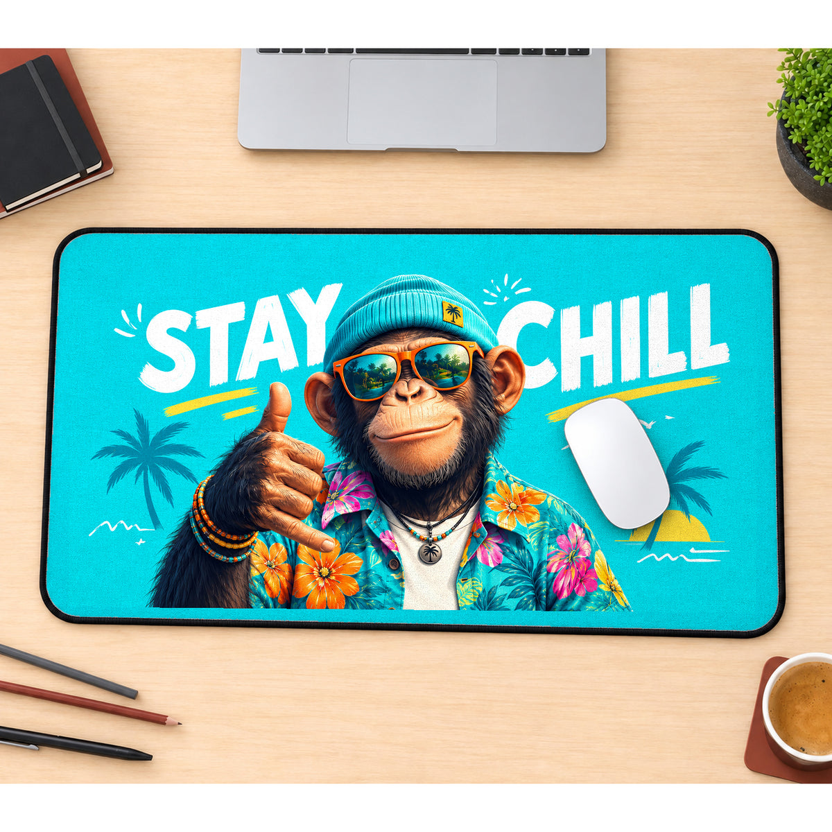 Stay Chill Tropical Monkey desk mat — product mockup 1