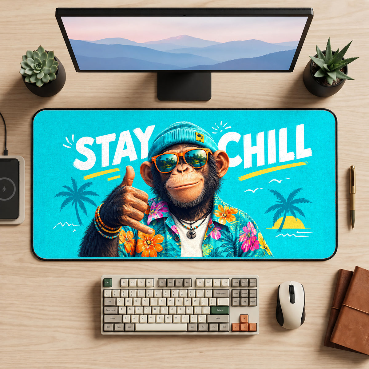 Stay Chill Tropical Monkey desk mat — product mockup 2