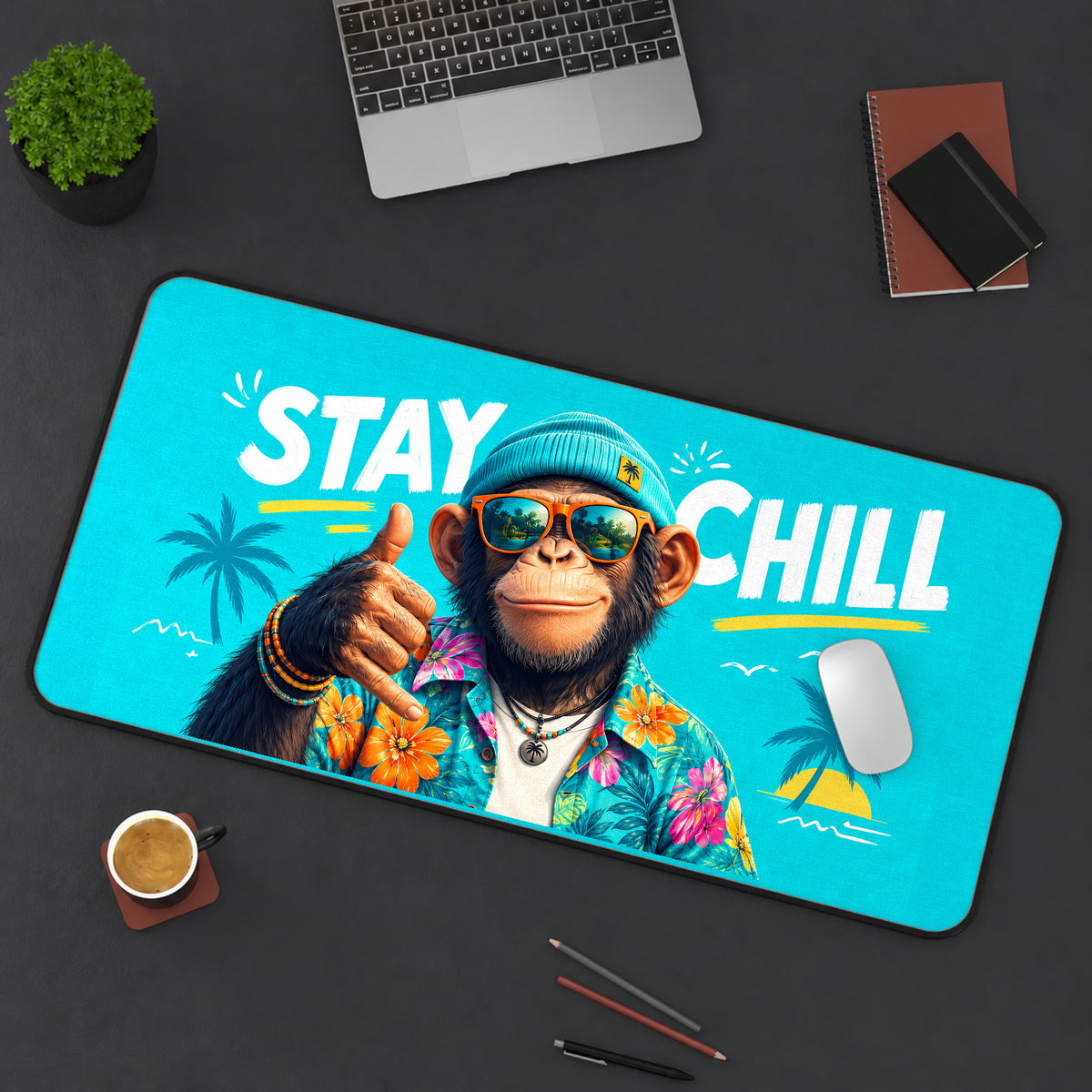 Stay Chill Tropical Monkey desk mat — product mockup 3