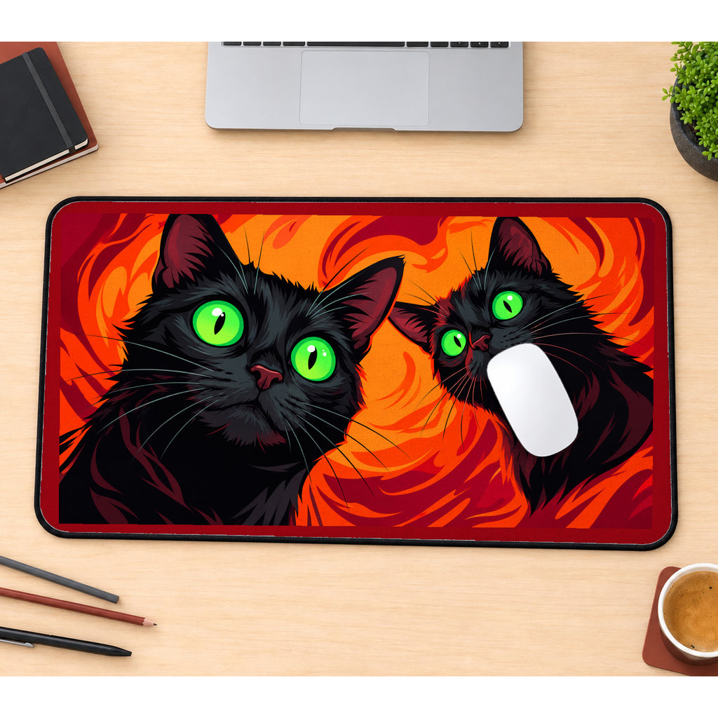 Two Black Cats on Orange Swirls desk mat — product mockup 1