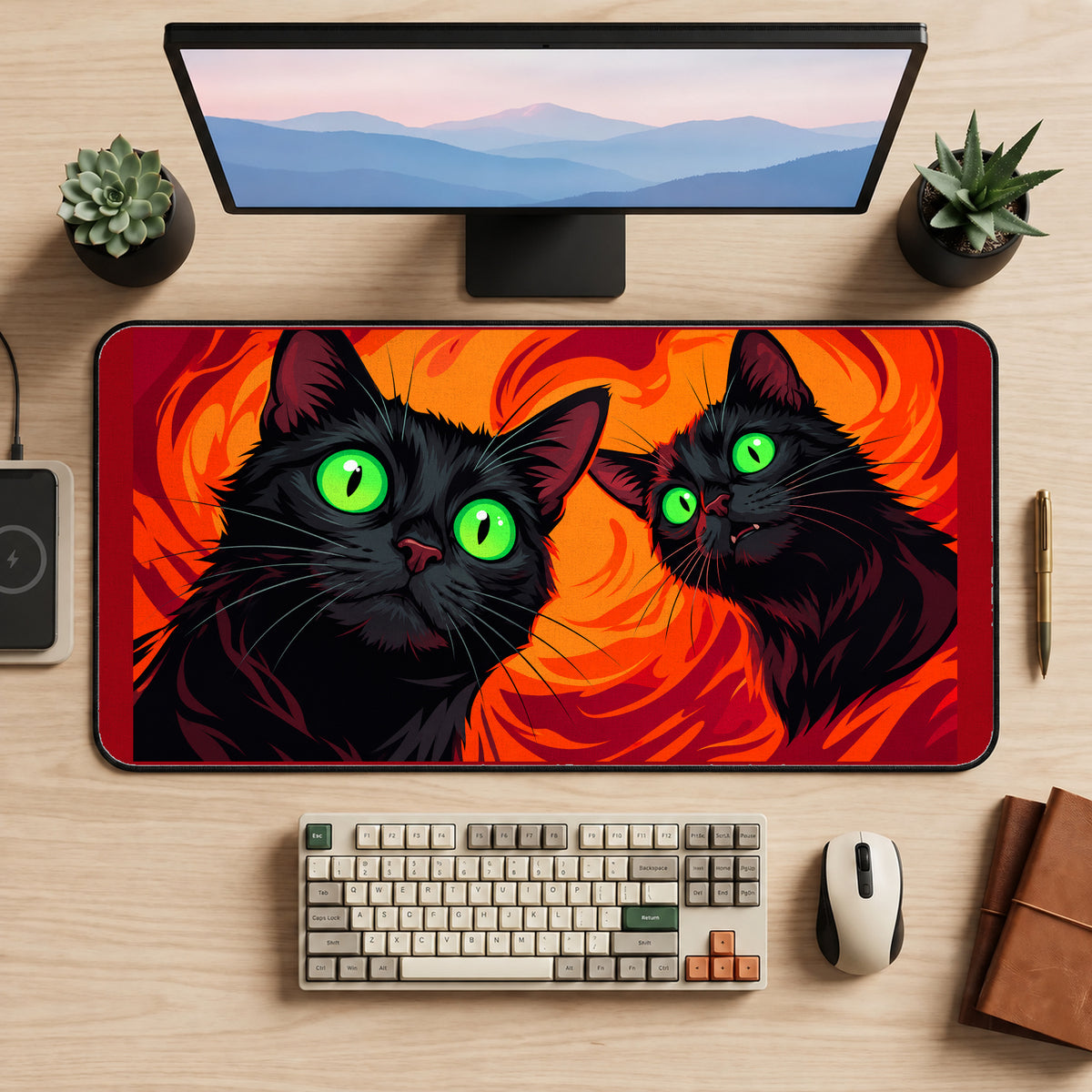 Two Black Cats on Orange Swirls desk mat — product mockup 2