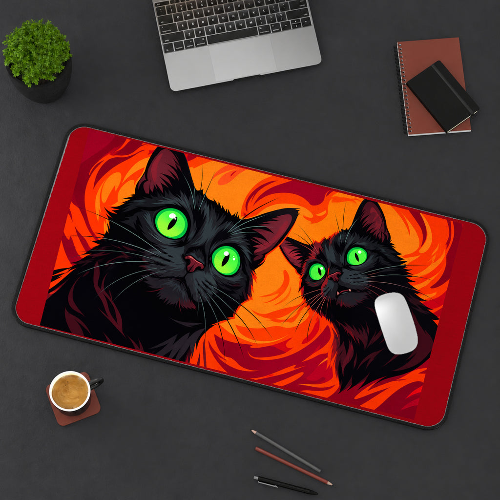 Two Black Cats on Orange Swirls desk mat — product mockup 3