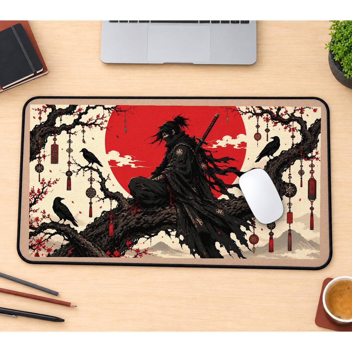 Black Samurai beneath a Red Sun desk mat — product mockup 1