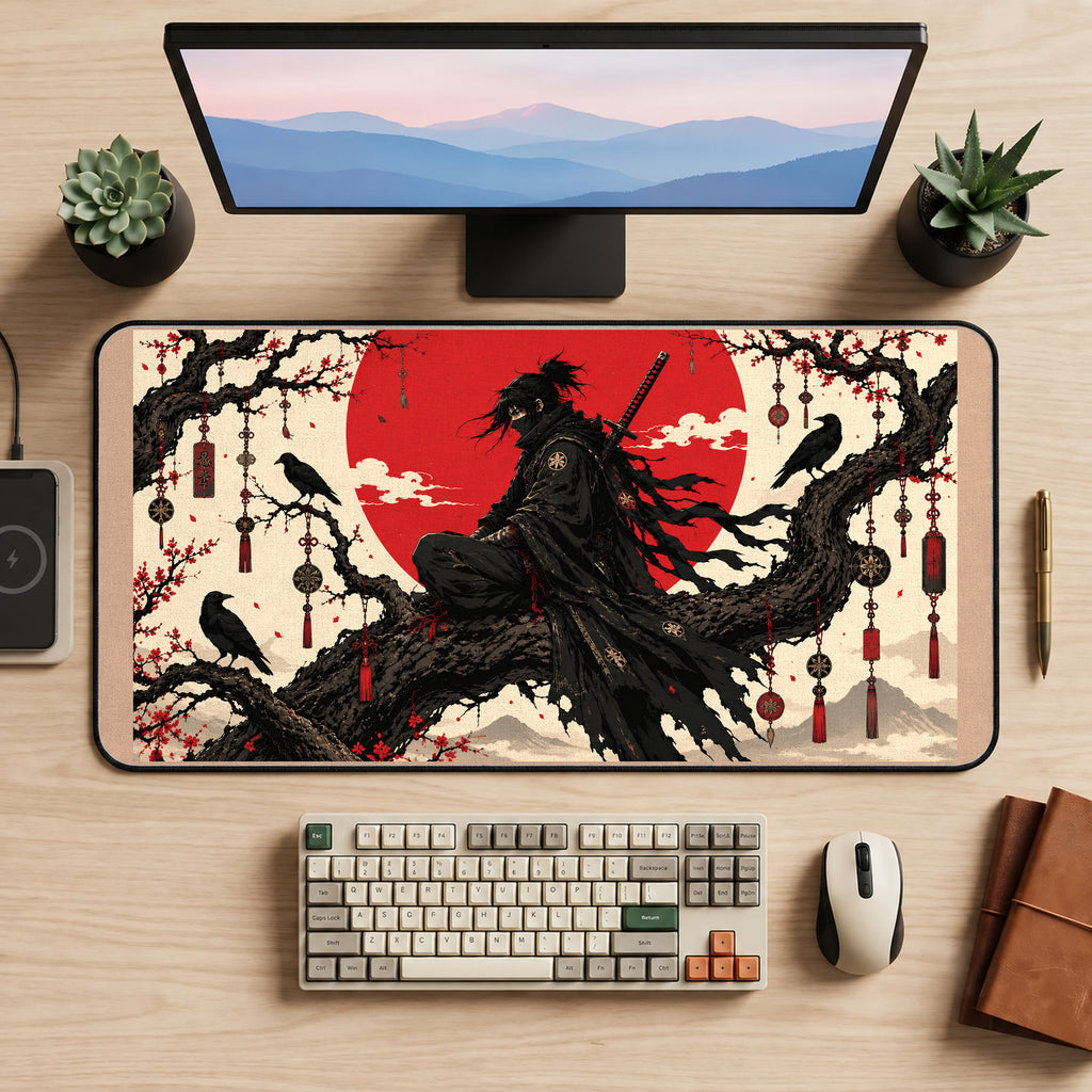 Black Samurai beneath a Red Sun desk mat — product mockup 2