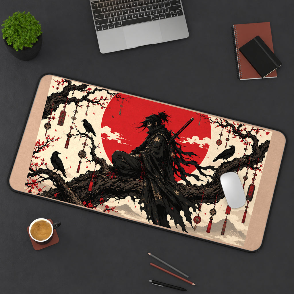 Black Samurai beneath a Red Sun desk mat — product mockup 3