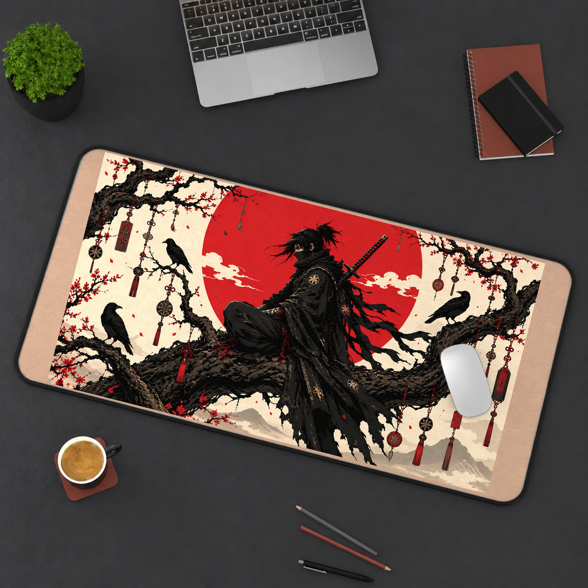 Black Samurai beneath a Red Sun desk mat — product mockup 3
