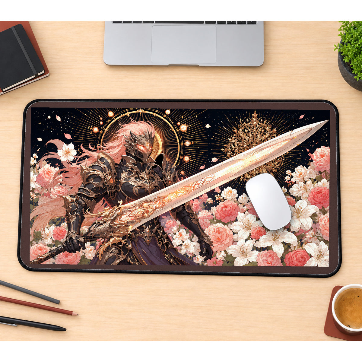 Floral Dark Knight with a Greatsword desk mat — product mockup 1