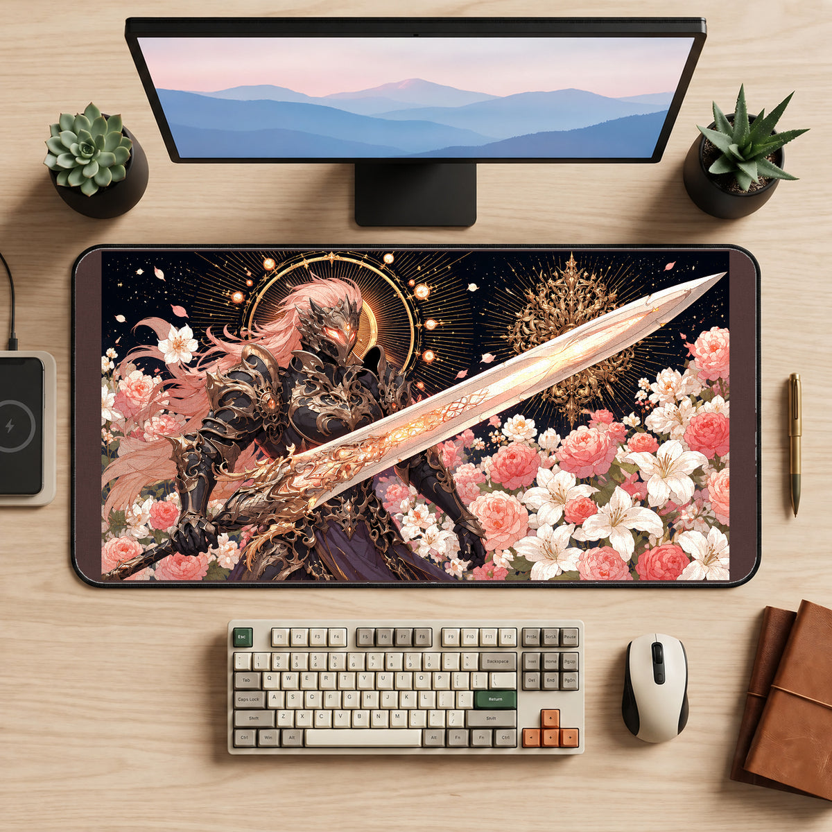 Floral Dark Knight with a Greatsword desk mat — product mockup 2