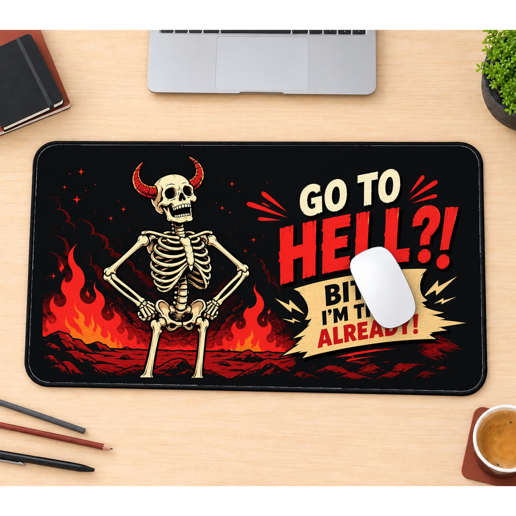 Sarcastic Skeleton in Flames desk mat — product mockup 1